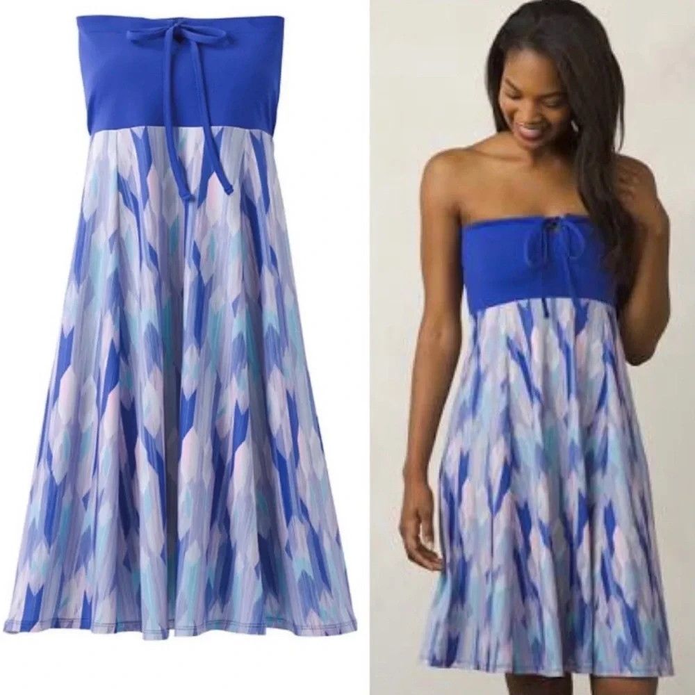 Prana Solana Convertible Dress Skirt Halter Strapless Midi Purple Geo Blue Small